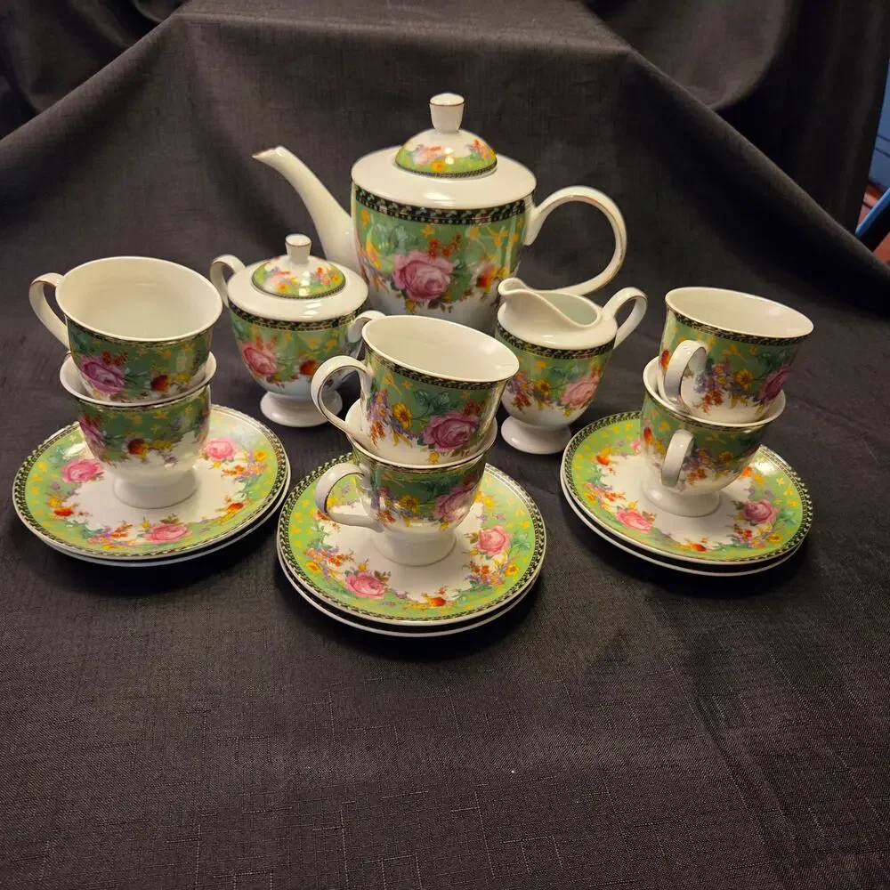 Royal Scotland Pink Rose on Green background Tea Set